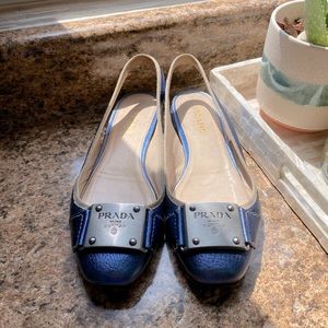 Prada Milano Monogram Baby Blue Silver Plate Flats